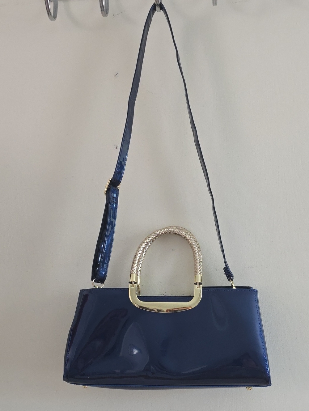 Patent Navy Shoulder Bag with Gold Braided Handle